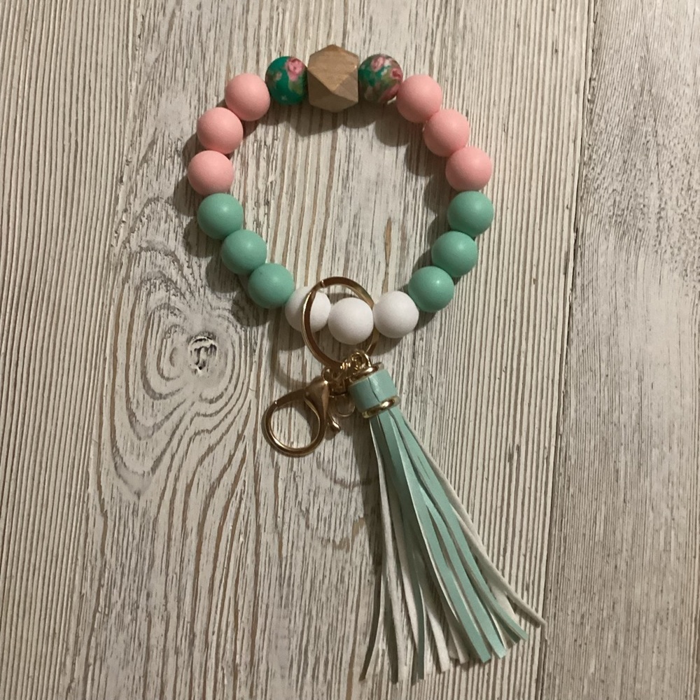 Silicone Beaded Wristlet Keychain w/ Tassel and Lobster Clasp Pink Green  Floral